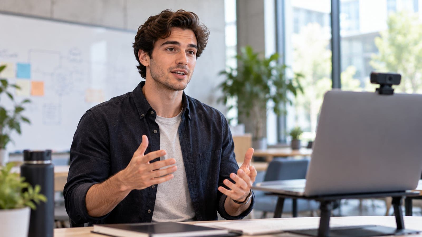 A founder recording a pitch to camera at a desk